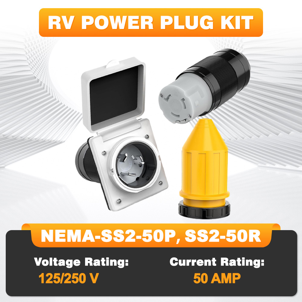 50AMP 125V/250V RV 電源インレットアウトレットショアパワーキット ブーツコードプロテクター付き NEMA SS2-50P SS2-50R キャンピングカーキャラバントレーラー用