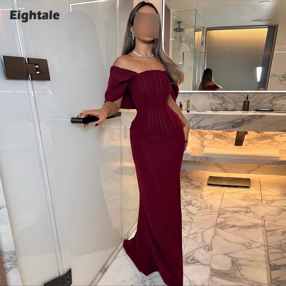 Eightale アラビアイブニングドレス オフショルダー バーガンディ サテン フォーマル カスタマイズ マーメイド プロム パーティー ドレス 結婚式用