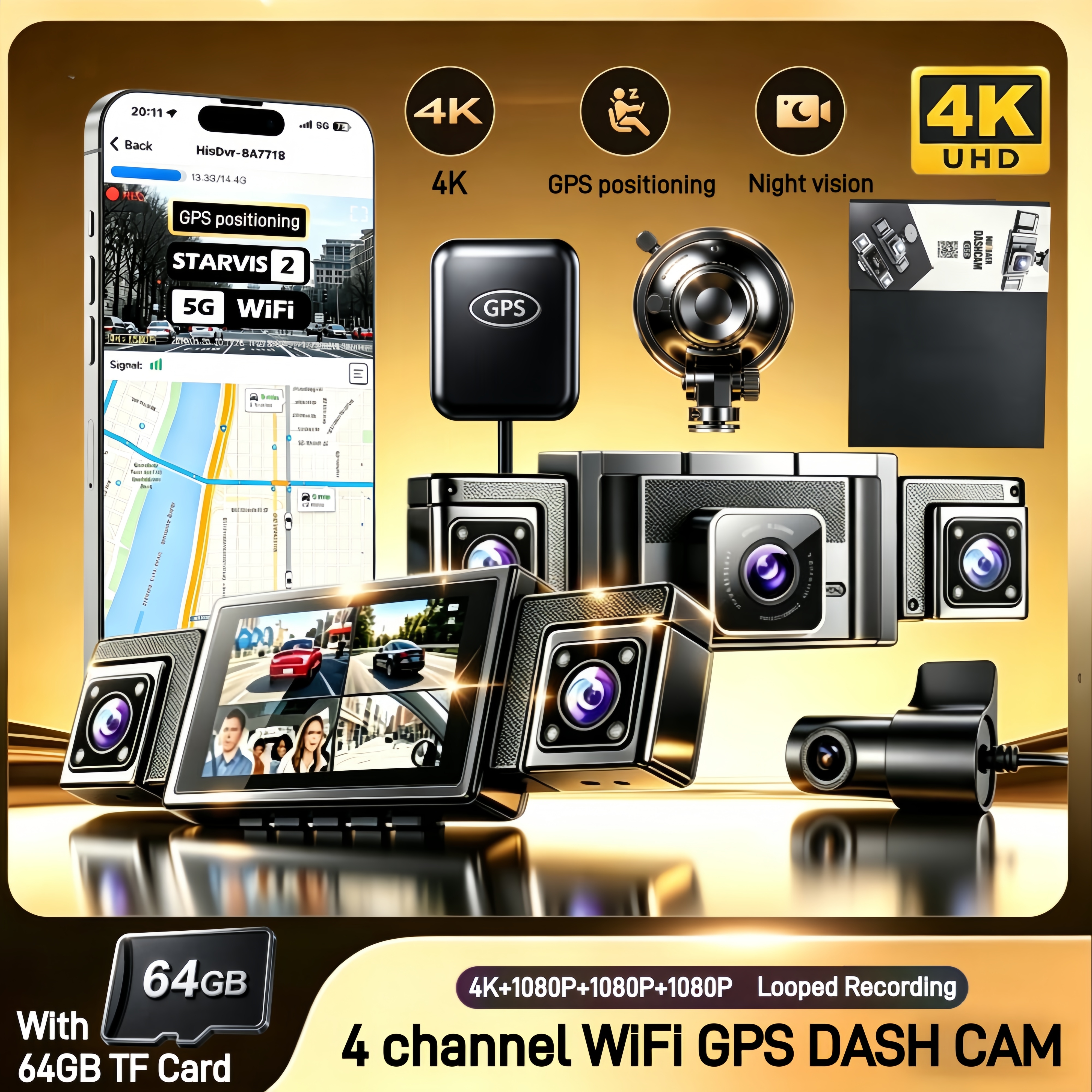 4 レンズ 360 度ダッシュカム車 WIFI アプリと外部 GPS 車 DVR 4 チャンネルフロントカメラビデオレコーダーリアビューカメラ