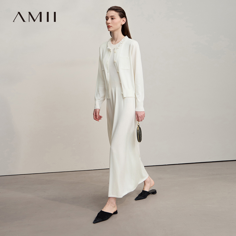 AMII ミディドレス 2025 秋の新ニットカーディガンノースリーブロングドレスラウンドネック固体エレガントなルーズレディース服 12543209