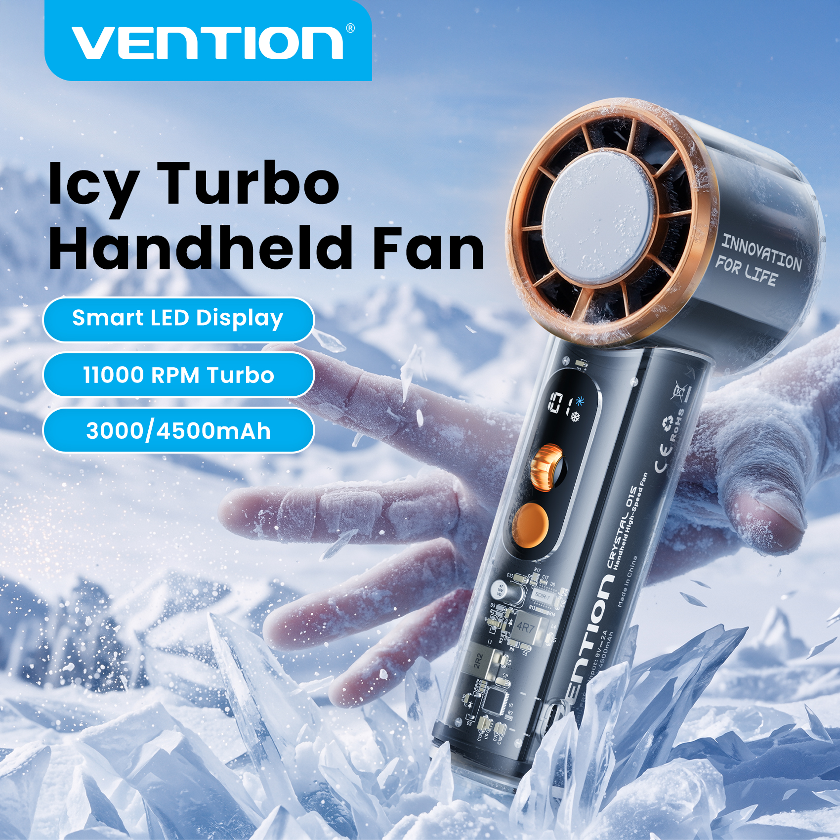 Vention ターボハンドヘルドファン超電導冷却ポータブル屋外キャンプ 11000 RPM 速度無段階 LED デジタルディスプレイファン