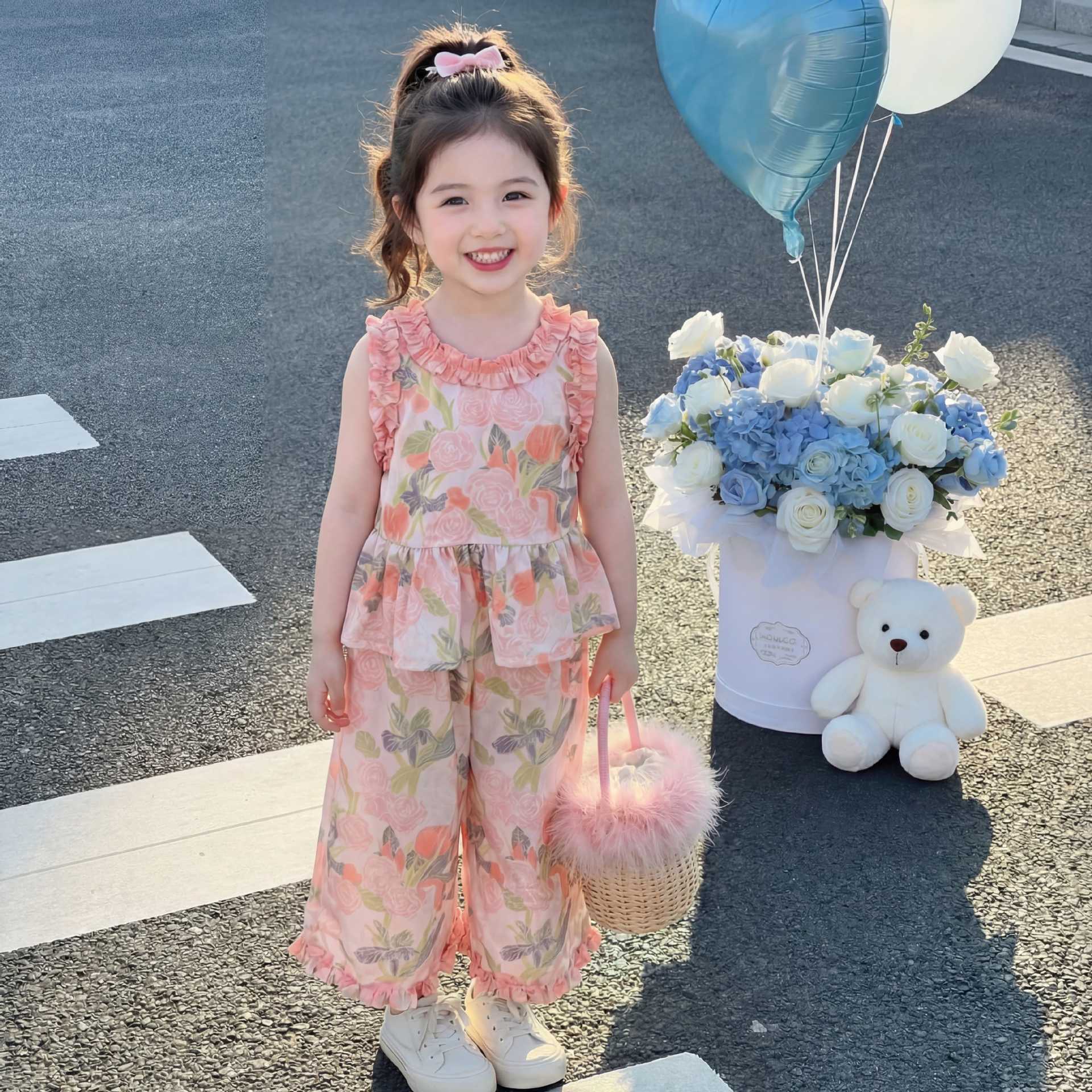 1 セット女の子薄いフラワープリントセットキッズ夏のノースリーブトップとロングパンツスーツベビーファッション衣装かわいい子供ビーチセット