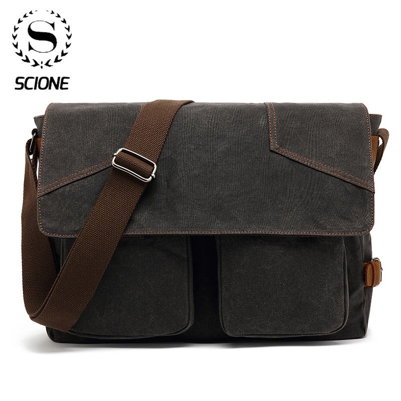 Scione メンズ ヴィンテージ キャンバス メッセンジャー バッグ 男性 ショルダー サイド レザー サッチェル バッグ 夫 ブリーフケース ラップトップ トラベル サイクリング バッグ K094