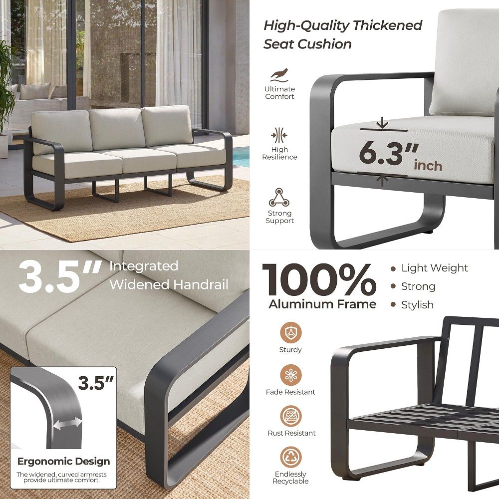 屋外パティオ家具 3 席、AllWeather 屋外パティオソファ、洗える厚いクッション付き、ポーチ用モーデンパティオソファ、Balco