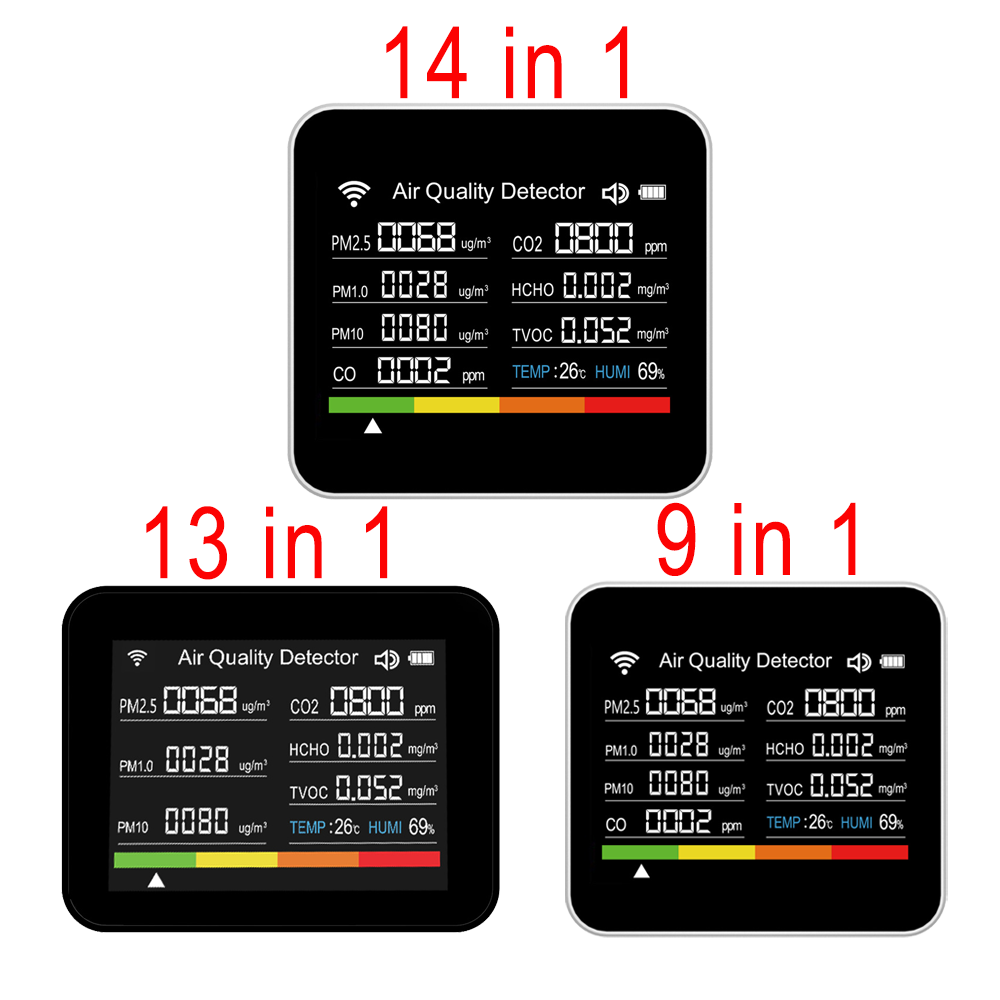 9-in-1 / 13-in-1 / 14-in-1 Tuya WIFI Air Quality Monitor CO Detector Real-Time Monitoring Home Air Test Kits APP Control CO2 Met