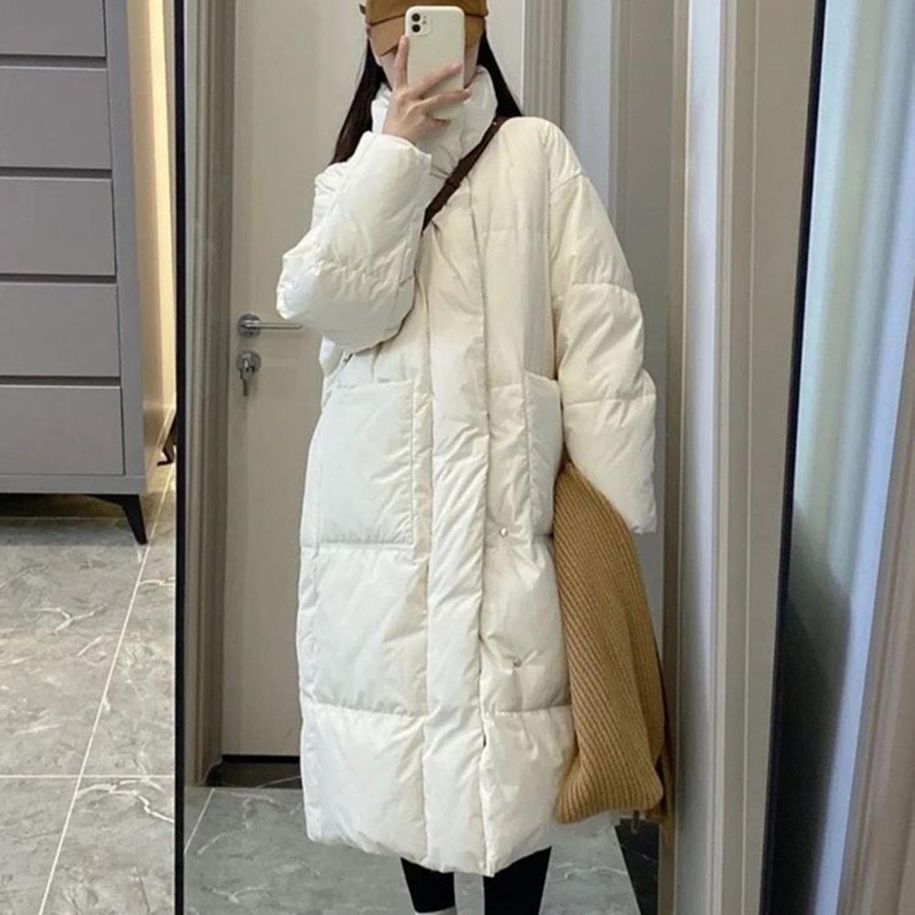 冬のダウンコート肥厚パッド入りスタンドカラー膝丈ポケット綿ジャケットジッパー閉鎖防風女性ダウンコートパーカー