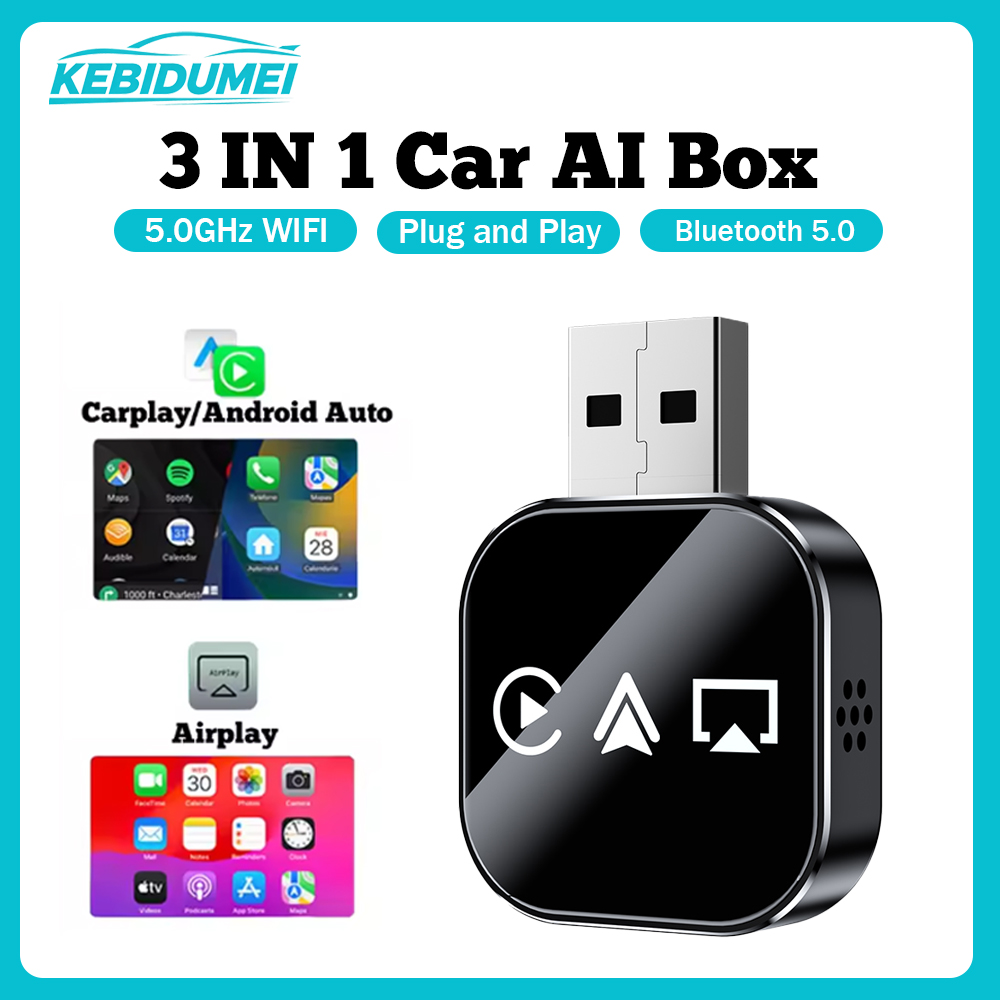 KEBIDUMEI Q1AS 3-in-1 カー AI ボックス、ワイヤレス WiFi Carplay プラグに有線接続