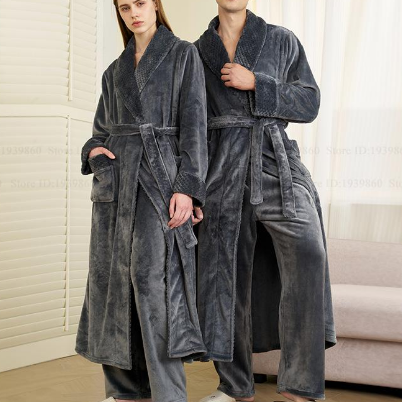 秋冬カップルパジャマホーム服厚みのフランネルロングローブパジャマセット着物ガウンバスローブサンゴフリースLoingewear