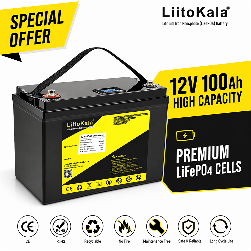 LiitoKala 12V 100Ah LiFePO4 バッテリー、キャンプ照明用ポータブル屋外発電所、ランタンアクセサリー、スマート BMS