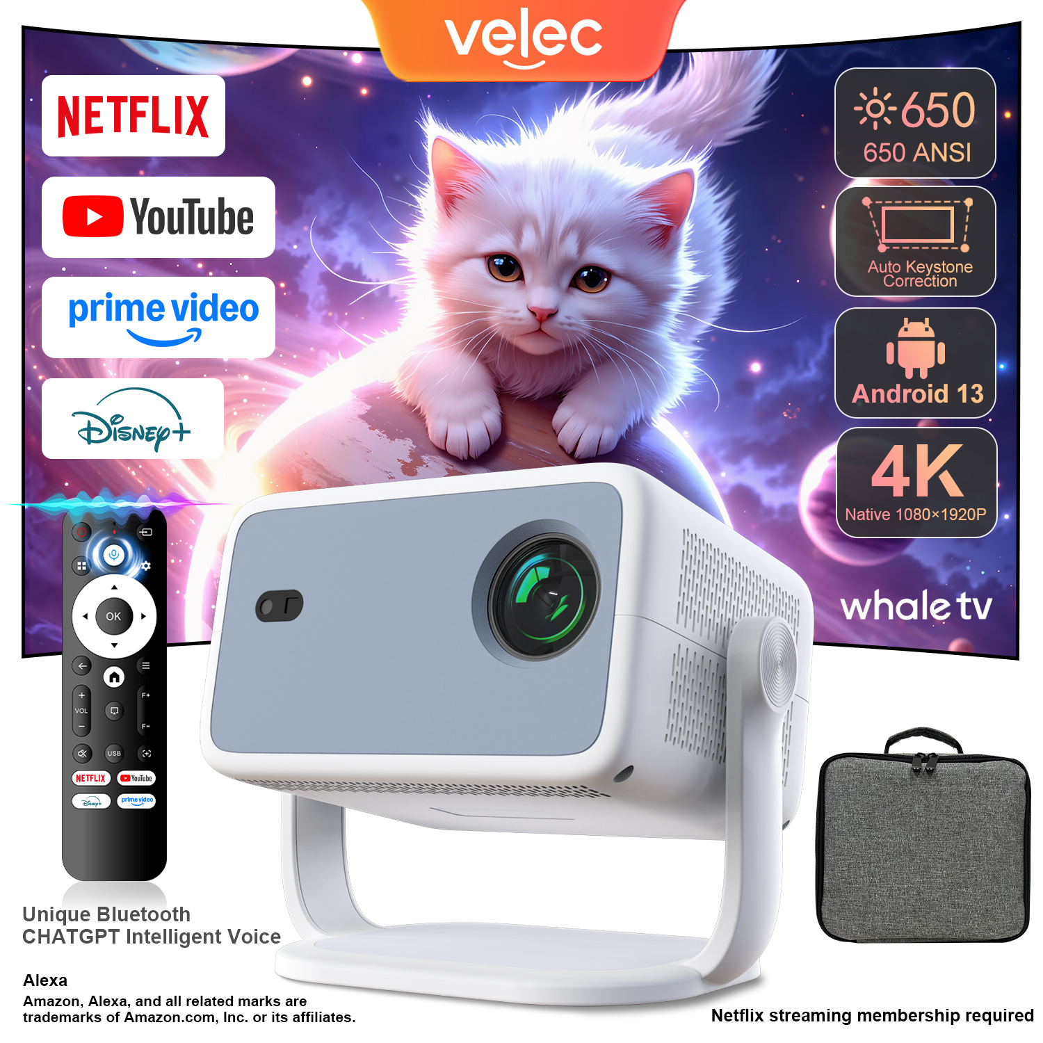 Velec プロジェクター Netflix 650ANSI Android 13 ポータブル 4K ネイティブ Wifi6 BT5.2 1080P TP350 自動台形補正と互換性あり