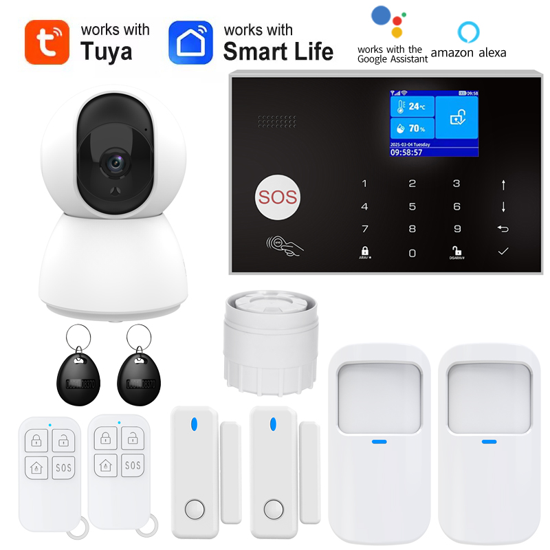 WIFI カメラ GSM 警報システムワイヤレス家庭用盗難セキュリティ警報システム Tuya アプリ制御サイレンモーション検出器 PIR 煙センサー