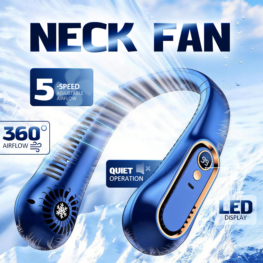 ポータブルネックファン、5速、LEDスクリーン、360°冷却ファン、旅行、ホームオフィス用の静かなウェアラブルUSBファン