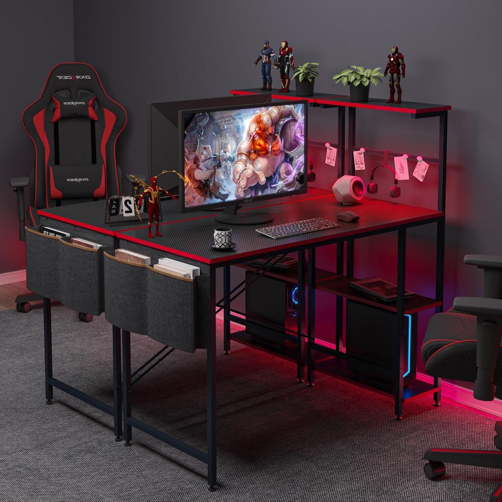LEDライト付き44インチ小スペースゲーミングデスク、リバーシブル収納棚PCコンピュータテーブル、カスタム