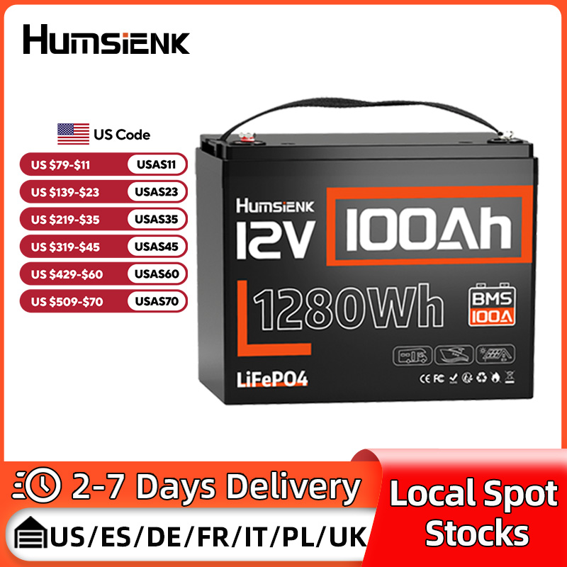 Humsiek LiFePO4 リチウム電池 12V 100AH BMS 100A 1280Wh RV/バン/トローリングモーター/オフグリッド/キャンプ/2 年保証/UL 1973