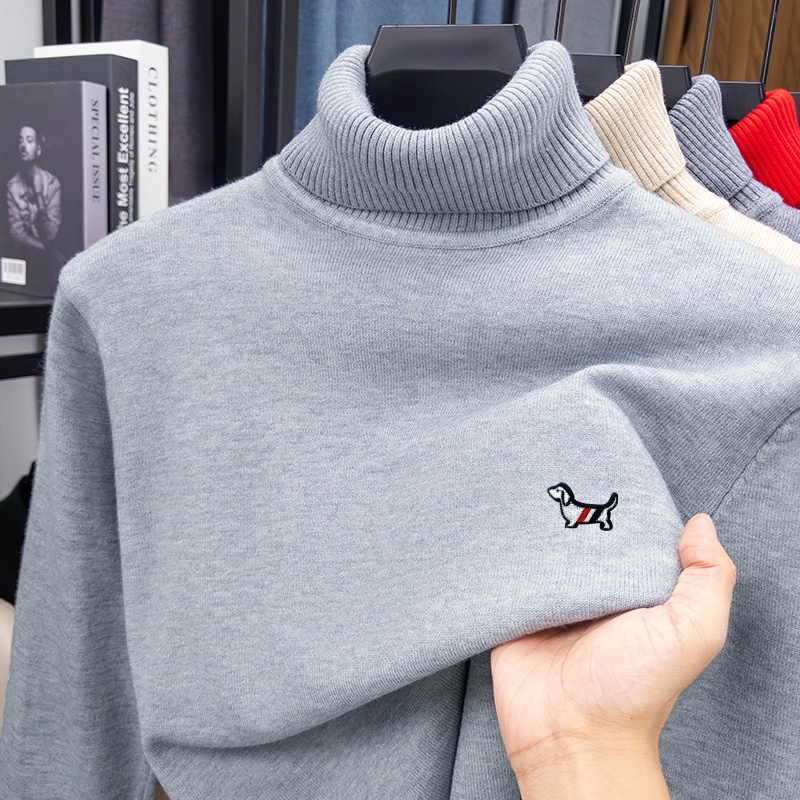 高級メンズブランド春高品質ニットセーターハイネック刺繍長袖プルオーバーレジャーファッション男性服トップス