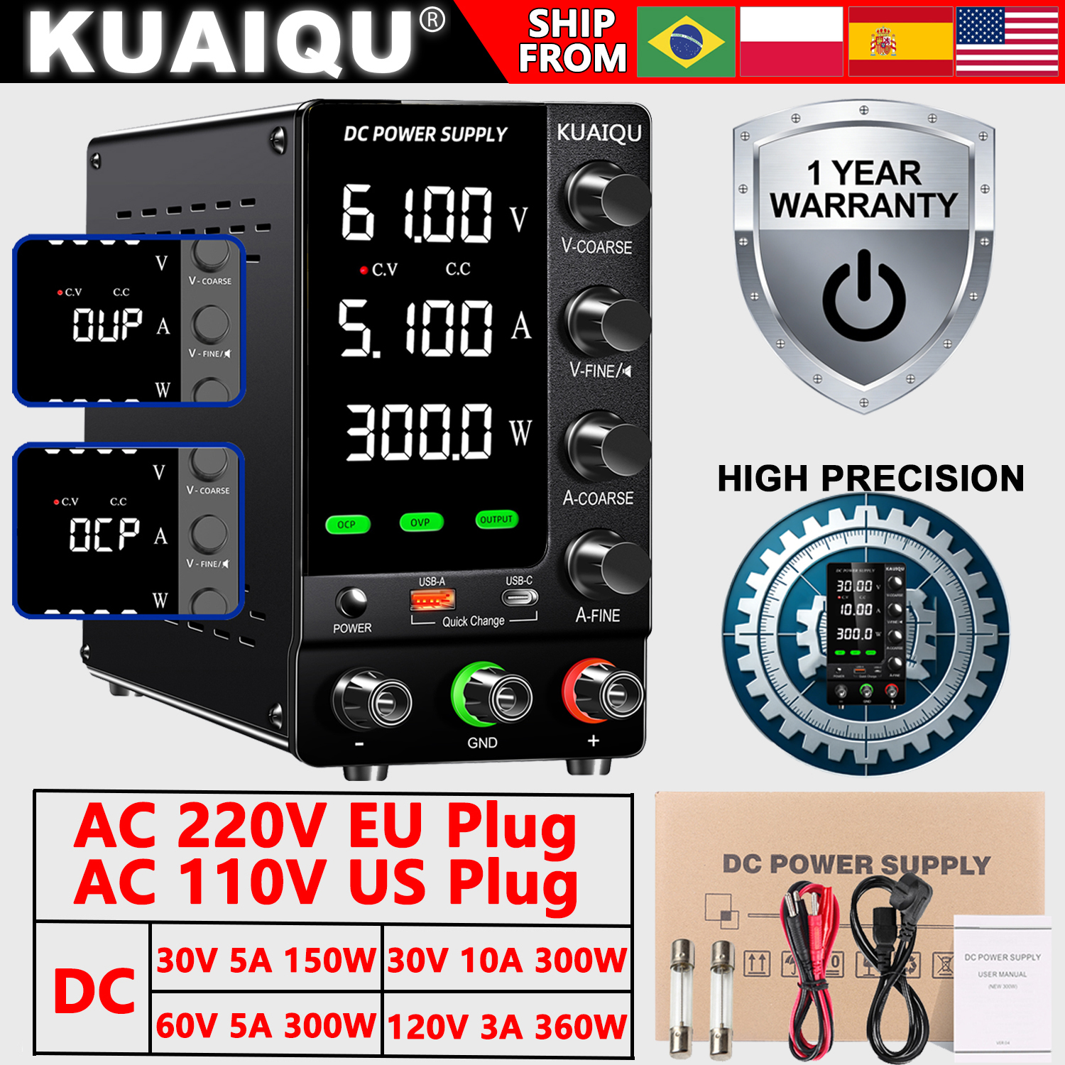KUAIQU 調整可能な実験用電源 30V 60V 120V、DC スイッチング安定化ベンチ電源、OCP/OVP/出力/エンコーダ付き