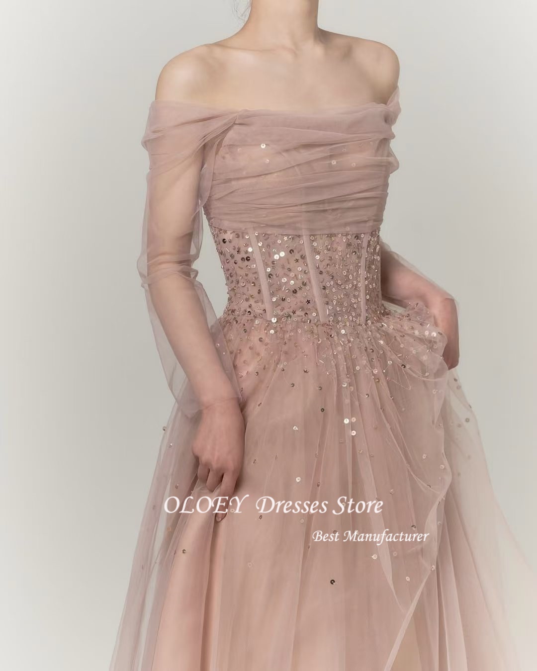 OLOEY Customized Tulle Korean Wedding Dress 이브닝드레스 Long Sleeves A-Line Reception Bridal Dress Korea Wedding Photo Shoot Gown