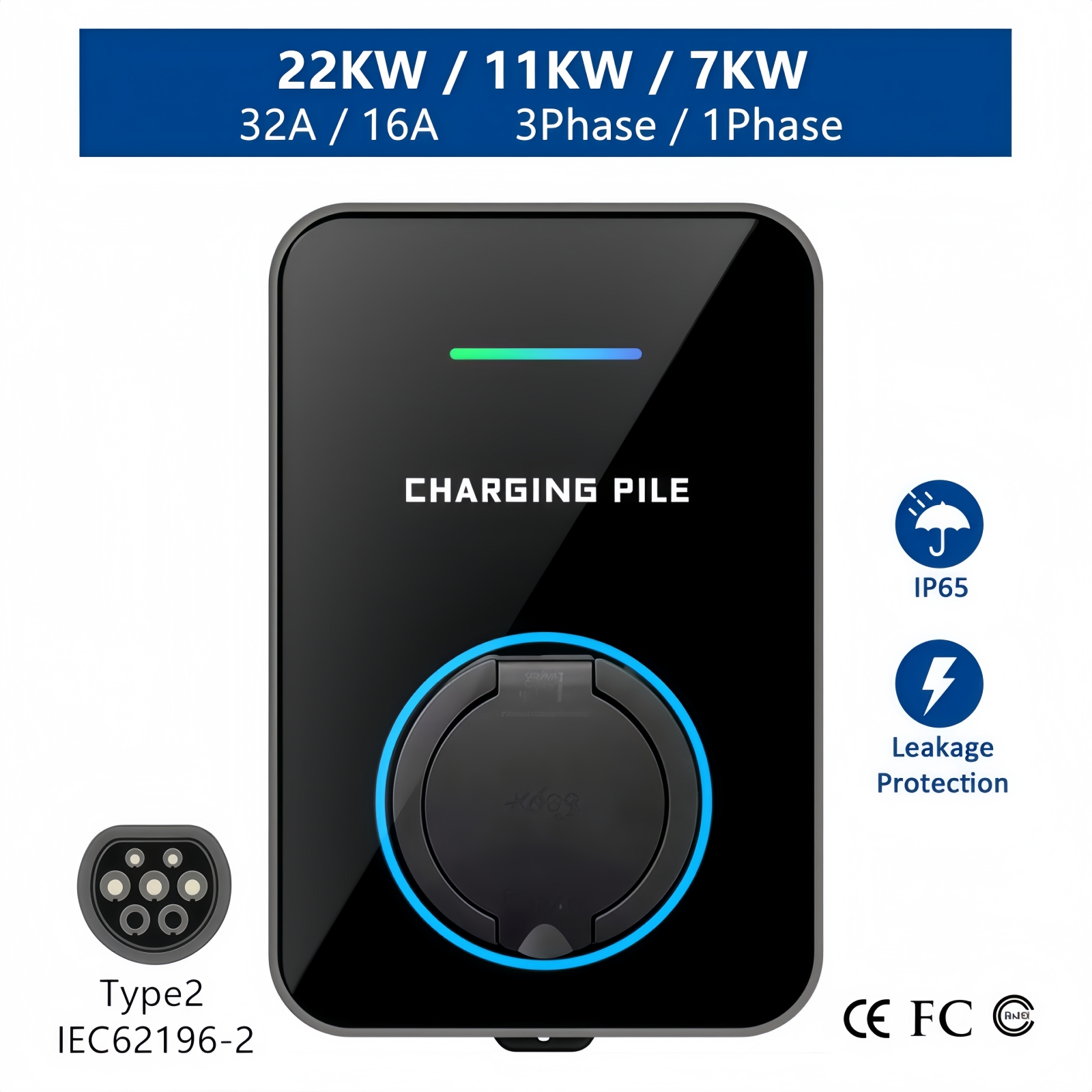 EV 充電器 Type2 EVSE ウォールボックス 32A 22KW 11KW 16A 3 相 IEC62196-2 アダプタ APP 制御電気自動車車用
