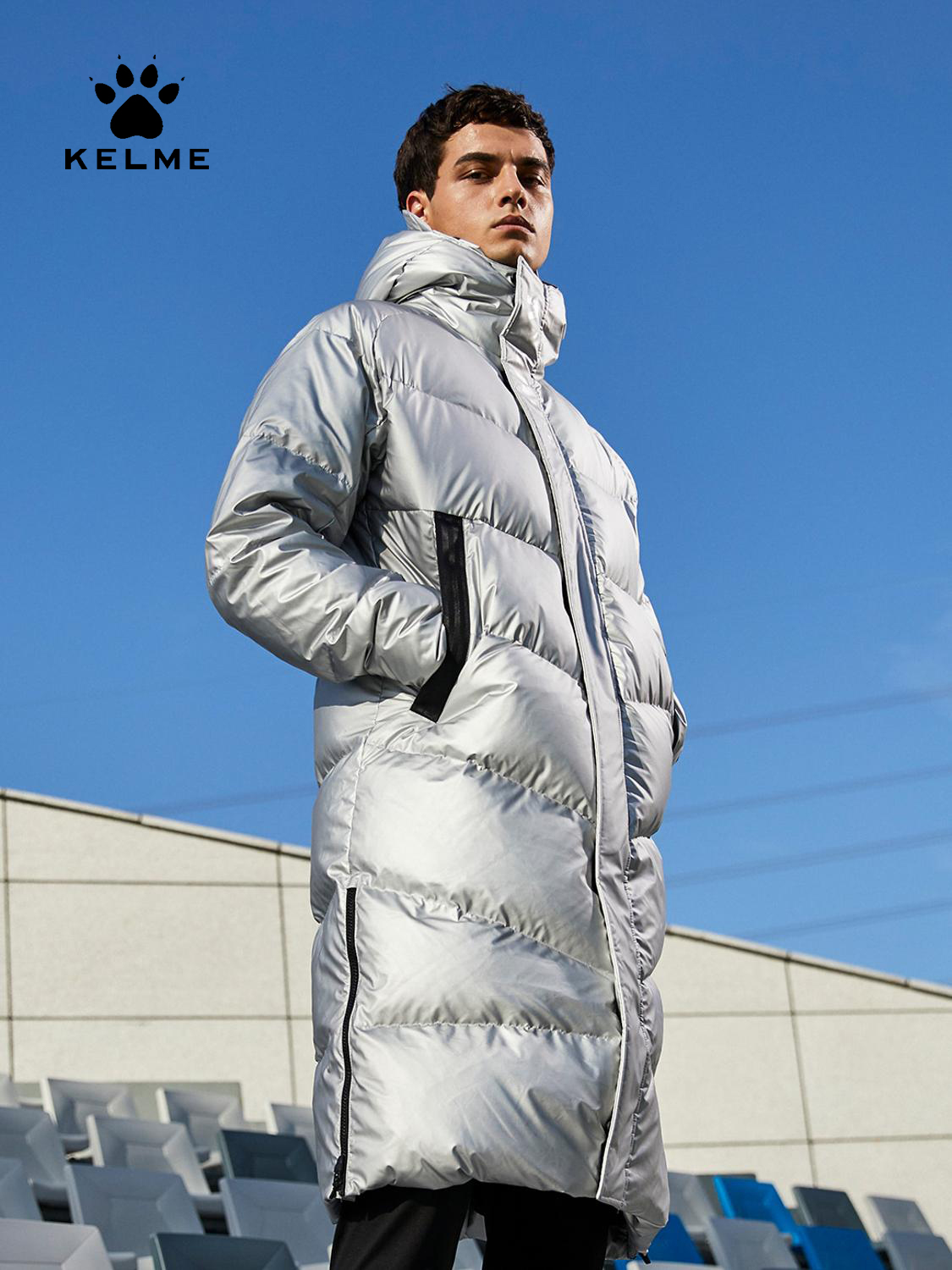 KELME 冬ダウンジャケットメンズシルバーカラーフード付きロング 90% ホワイトダックダウンハイキングキャンプ暖かい防風スポーツコート 8061YR1002