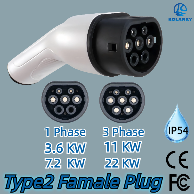 Kolanky 16A 3.6KW 32A 7.2KW Type 2 Female EV Charger Plug IEC 62196 Convertor Electric Car Vehicle Charging Station