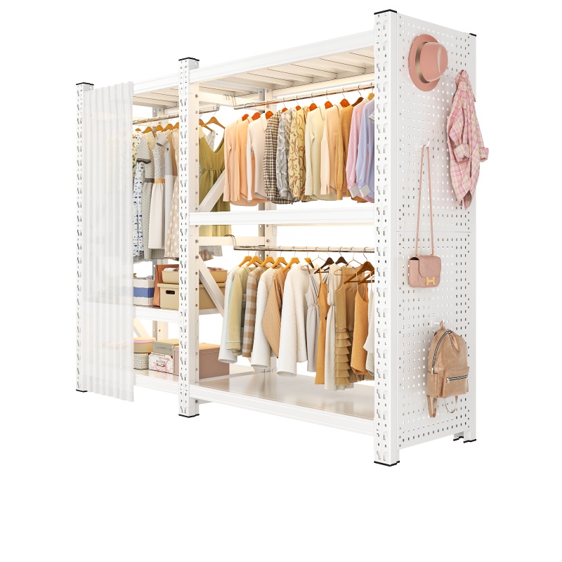 Open Shelf Coat Rack Wardrobe Combination Floor-standing Clothing Rack Dustproof Curtain Square Hole Pegboard Combination