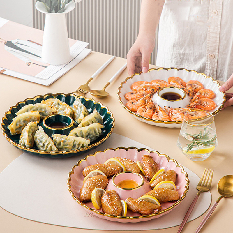 ラウンドスナックプレート ディップ皿付き セラミック餃子プレート プノンペン磁器食器 サラダ寿司皿 ホームキッチン用品