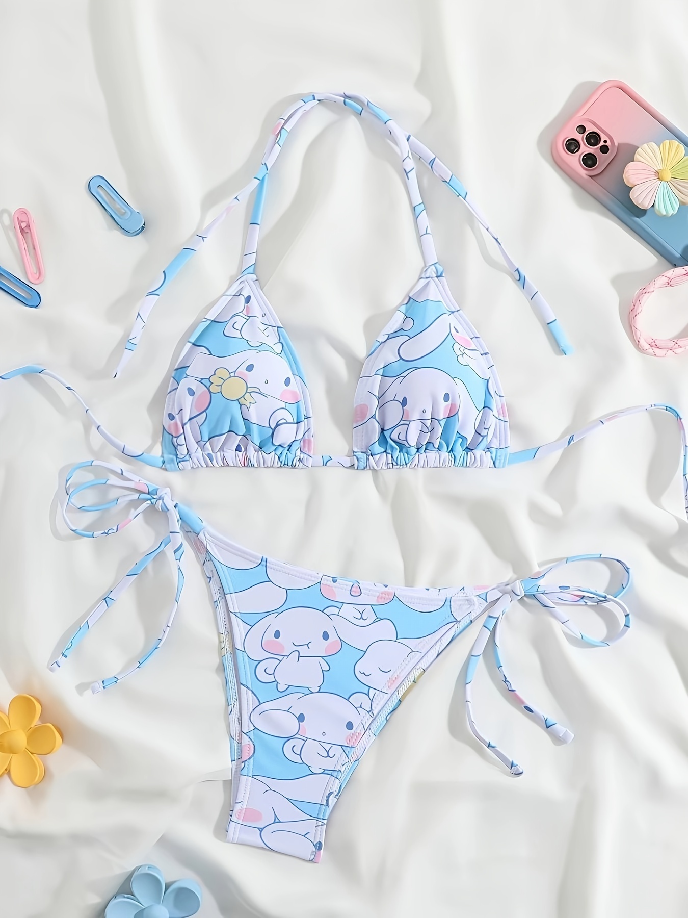 2 個シナモロールプリントビキニセット女性青白ホルター三角形水着ネクタイサイドツーピース水着ビーチウェア