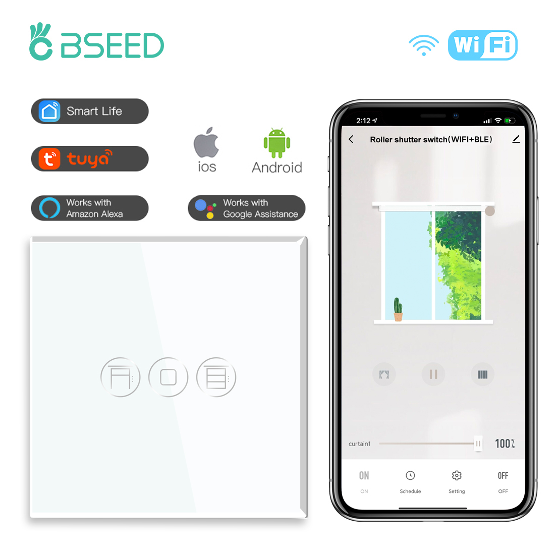 BSEED Wifi ローラーシャッタースイッチスマートブラインドスイッチクリスタルウォールタッチスイッチスマートライフ Tuya Alexa アプリによるワイヤレス制御