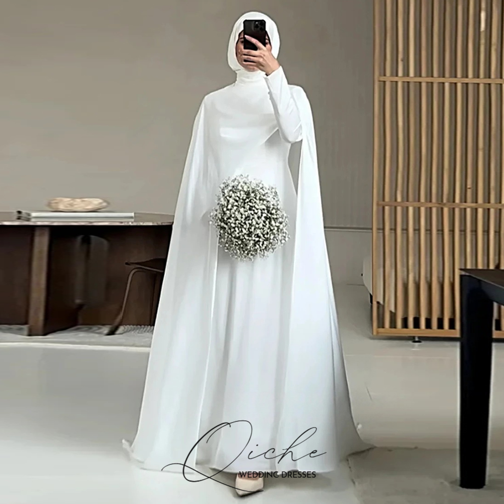 QICHE 控えめな白イスラム教徒のウェディングドレスとケープカスタマイズされた花嫁ドレスエレガントな長袖女性の花嫁民間ブライダルドレス