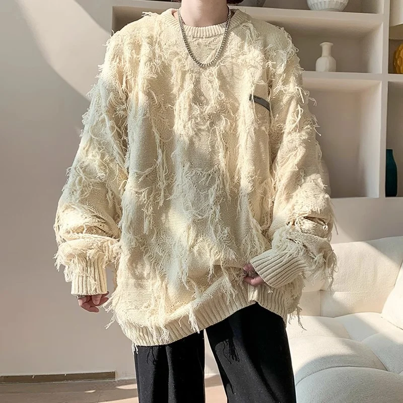Winter Ripped Fringe Raw Edge Sweater For Men Hip Hop Fashion Knitted Pullovers Y2K Vintage Streetwear Knitwear Jersey Clothes