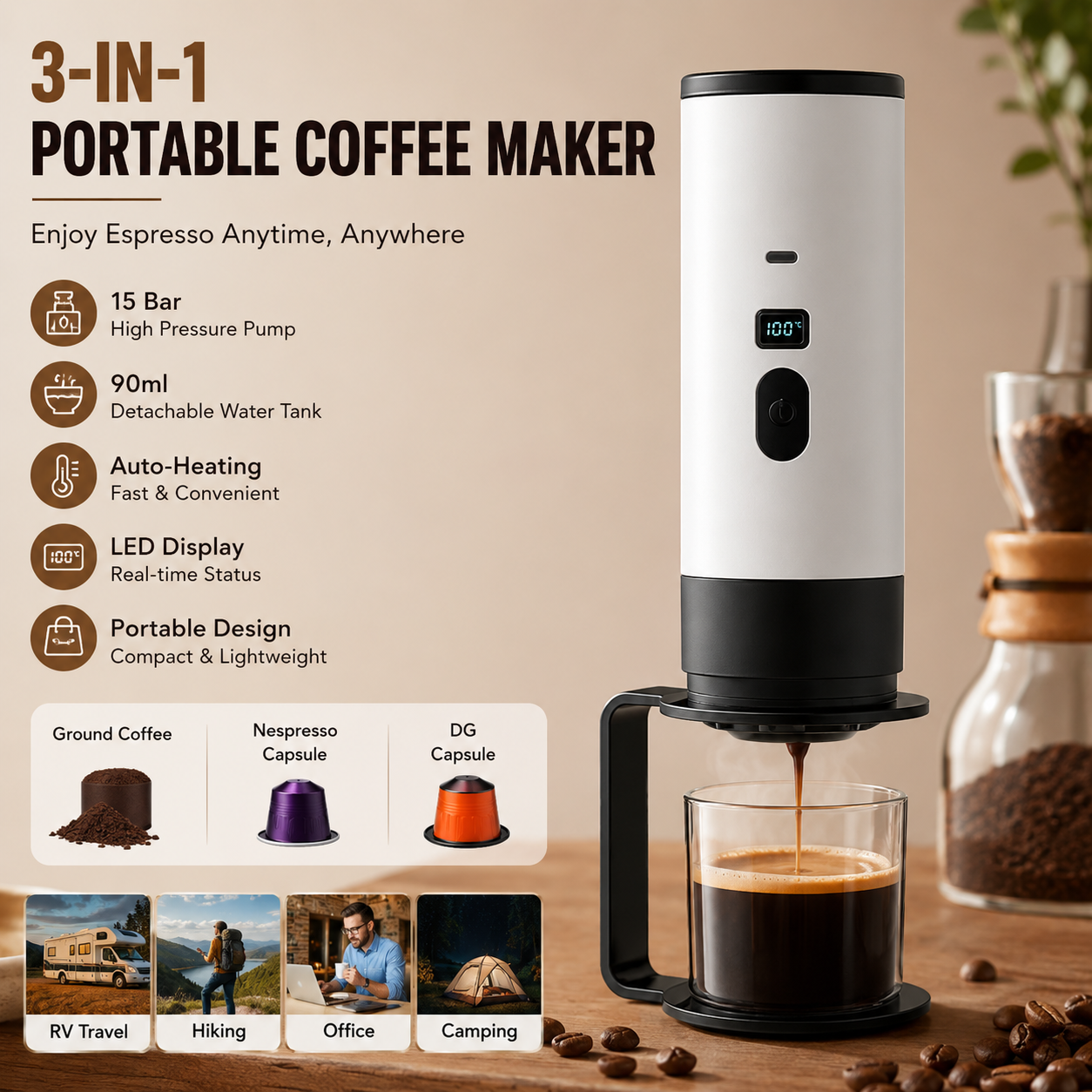 ポータブルコーヒーメーカー 3-in-1 挽いたコーヒーとカプセルに対応、キャンプ、RV、オフィス用のコンパクトなトラベルコーヒーメーカー