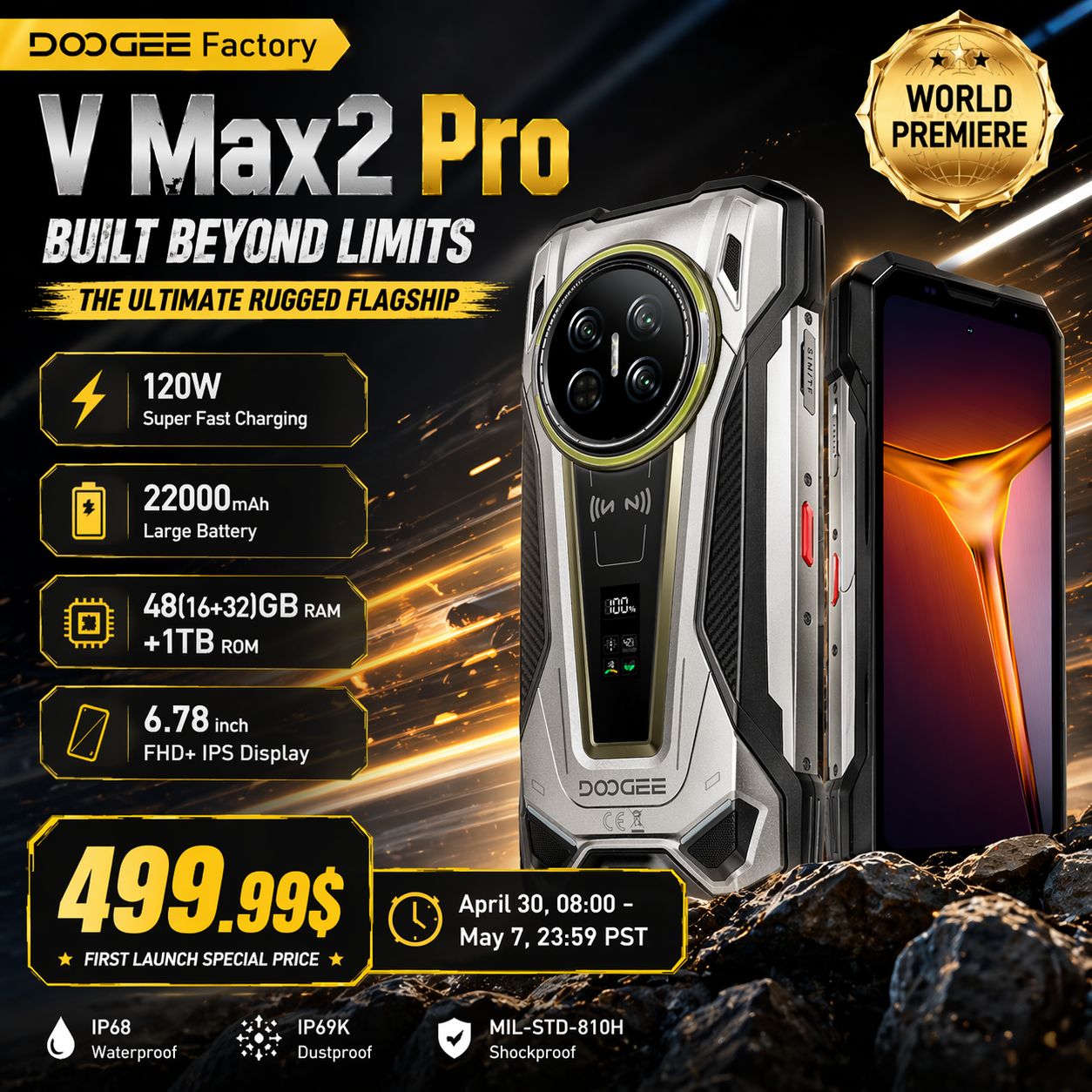 ワールドプレミア DOOGEE V Max 2 Pro 5G 頑丈な電話 6.78 インチ FHD IPS 120Hz ディスプレイ 48GB 1TB 22000mAh 200MP 120W Smartphon Android 16