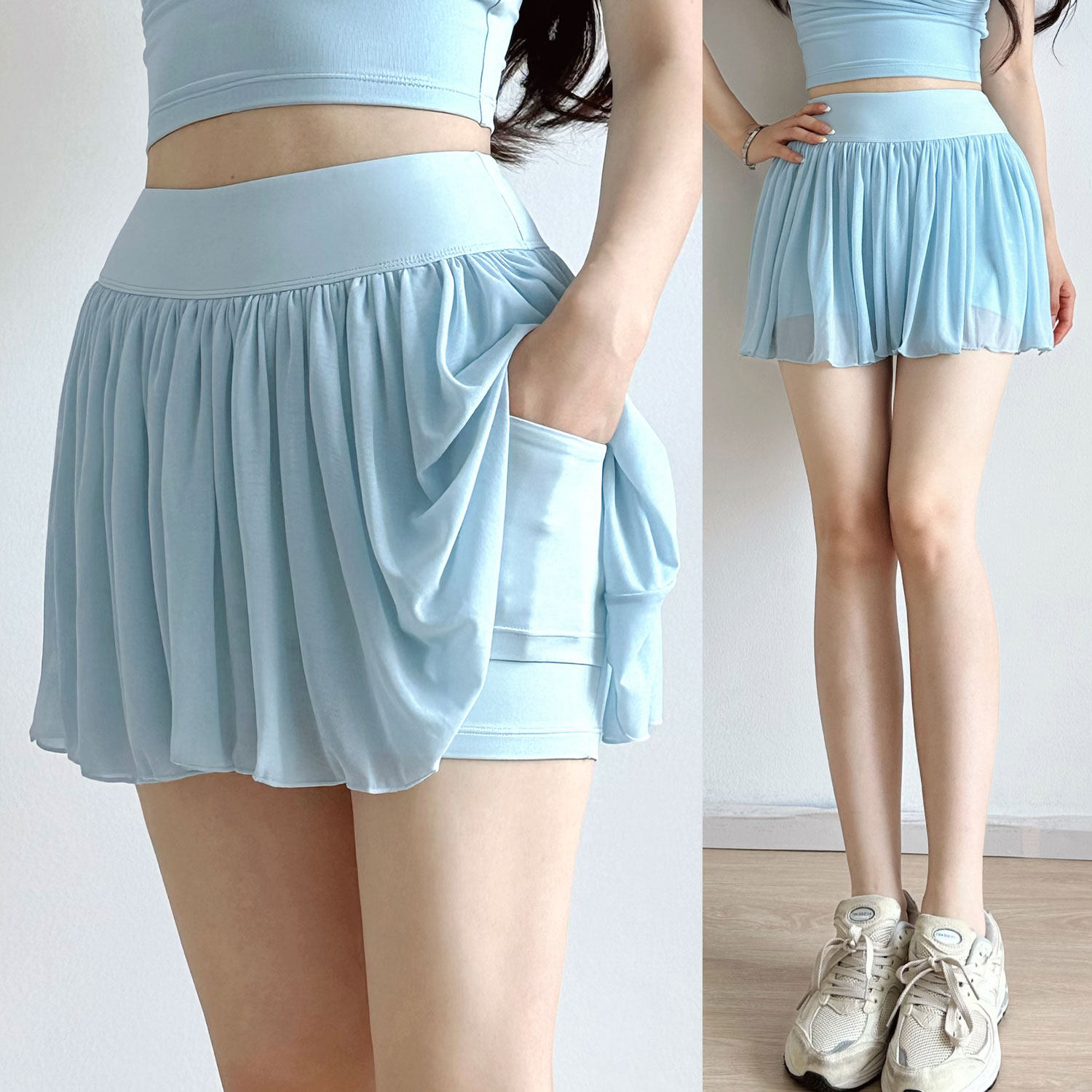 High-Waist Mesh Sports Short Skirt for Women Summer Anti-Exposure Tennis Fitness Yoga Cake Edge Fake Two-Piece Workout Skirt