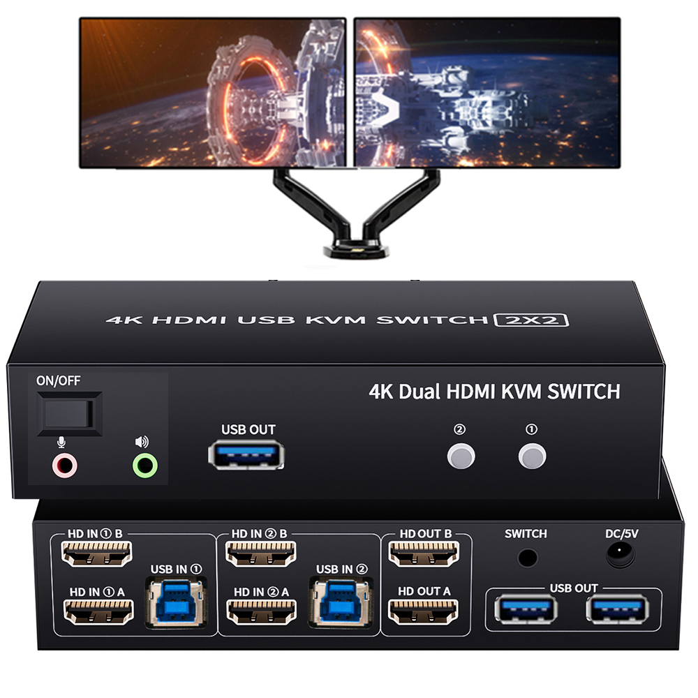 デュアルモニター HDMI KVM スイッチ 2X2 USB 3.0/2.0 4K 60Hz 拡張ディスプレイ HDMI KVM スイッチ 2 モニター 2 コンピューター USB 共有 KVM