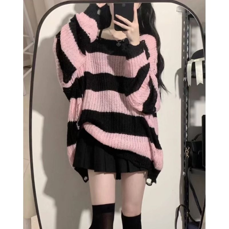 春秋の新ブラックピンクセーター女性の春と秋ミディアムロングルーズ怠惰なスタイルストライプニットセータートップ