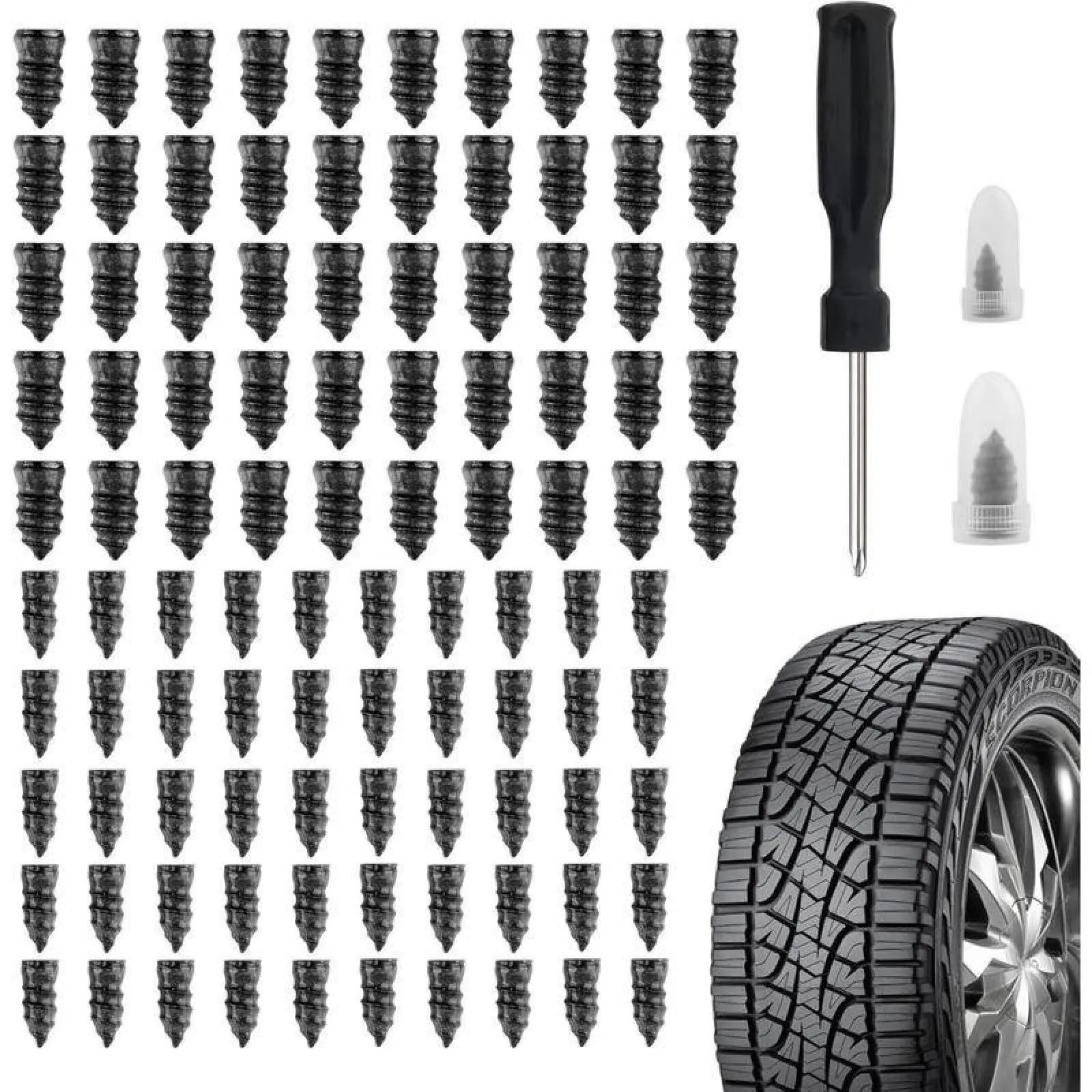 120PCS タイヤプラグキット、真空タイヤ修理ネジ、ボックス付き高速修理キット、タイヤ修理ゴム釘、ドライバー、車用