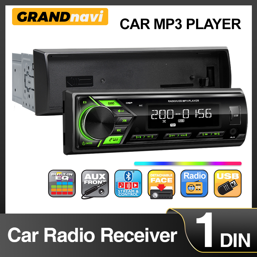 Grandnavi 1din MP3 カーラジオプレーヤーデジタル Bluetooth 音楽カープレーヤー FM ラジオステレオオーディオ USB/SD ダッシュ AUX 入力付き