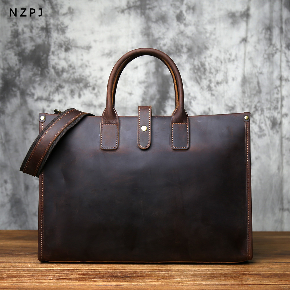 NZPJ ヴィンテージ本革メンズブリーフケース天然牛革ハンドバッグクレイジーホースレザーコンピュータバッグカジュアルクロスボディ