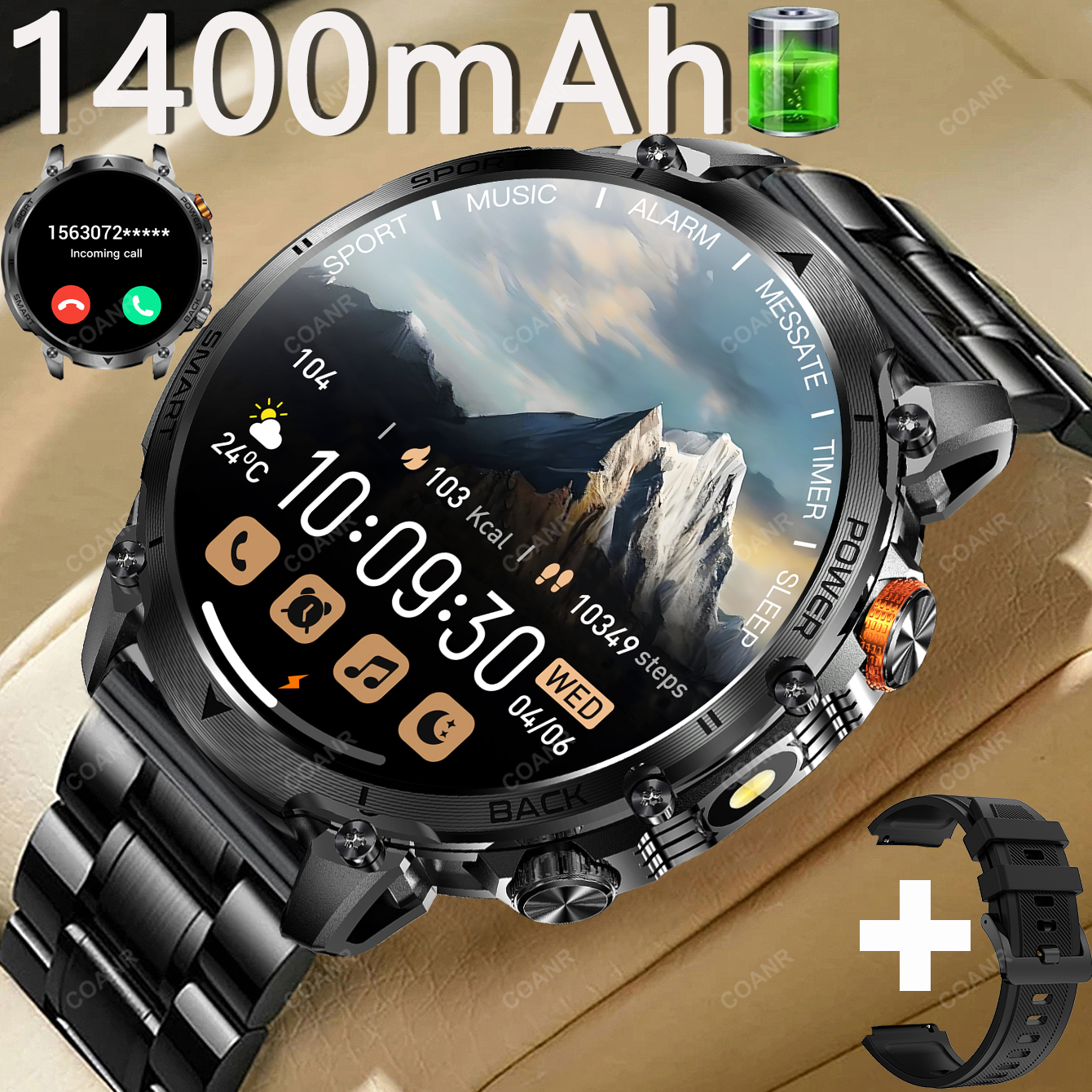 新しい軍事メンズアウトドアスポーツスマートウォッチ 1400mAh バッテリー BT コール懐中電灯 IP68 防水 1.7 "HD 大画面メンズ腕時計