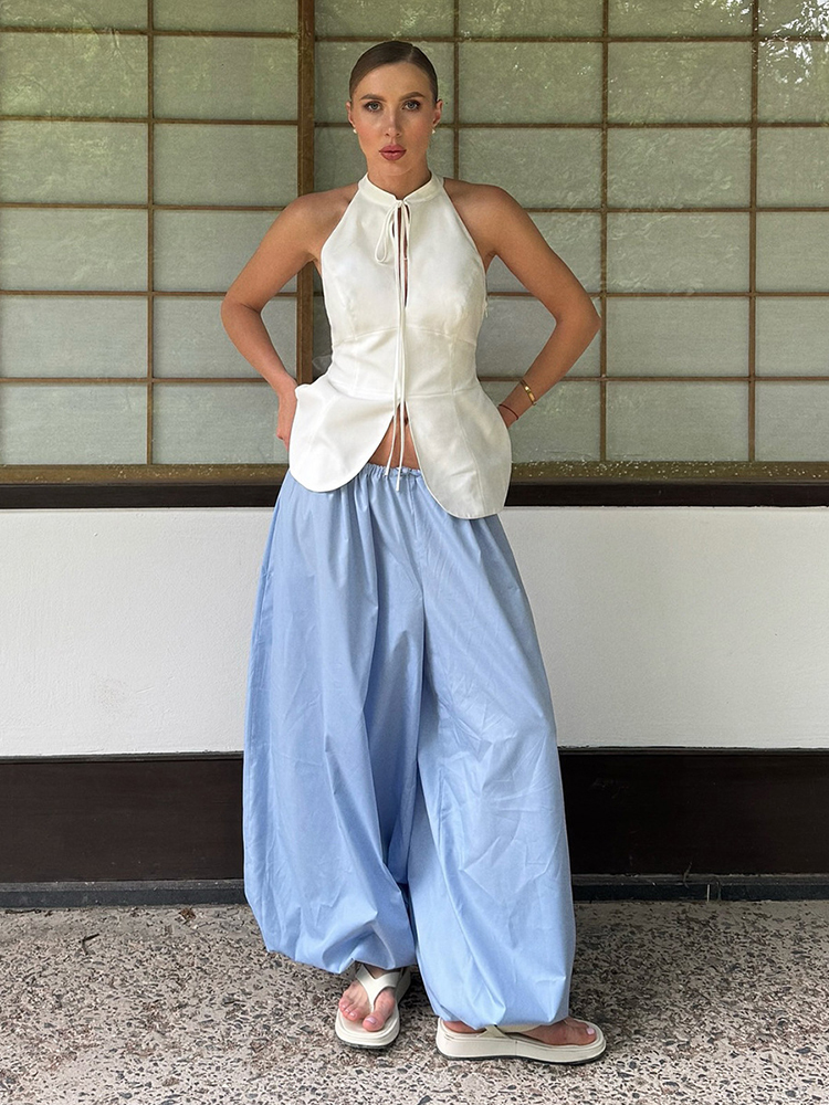 JULISSA MO カジュアルワイドレッグルーズランタンパンツ女性のための黒のレースアップハイウエストズボン夏の新エレガントな休暇ストリート