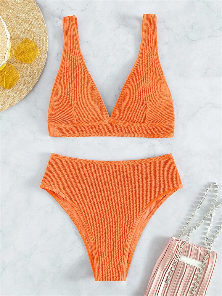 Bikini Women Swimsuit 2026 New Solid Ribbed Bikinis Set Sexy V Neck 2 Piece Swimwear Summer High Waist Beach Bathing Suit Female