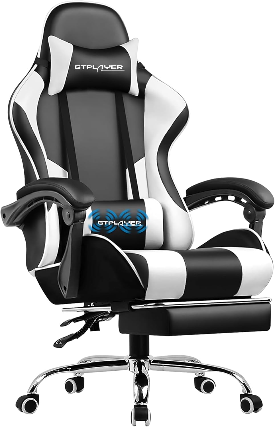 ゲームチェア、フットレストとランバーサポート付きコンピューターチェア、360°回転シートとヘッドレスト付きの高さ調節可能なゲームチェア