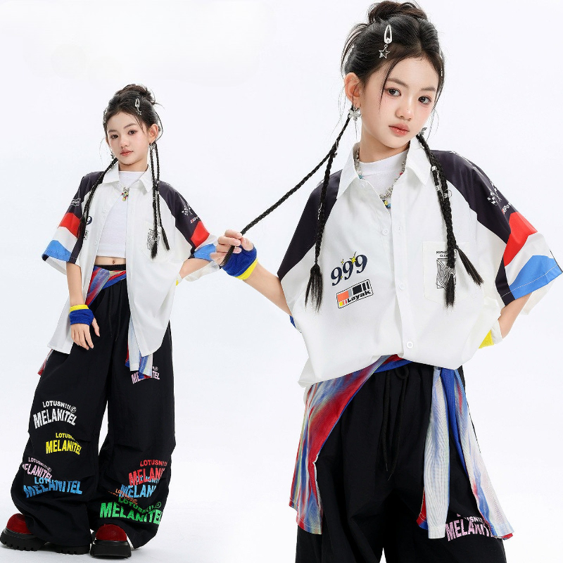 Girls Hip Hop Dance Clothes White Shirt Baggy Pants Summer Street Dancewear Group Jazz Practice Performance Costume Stage Wear
