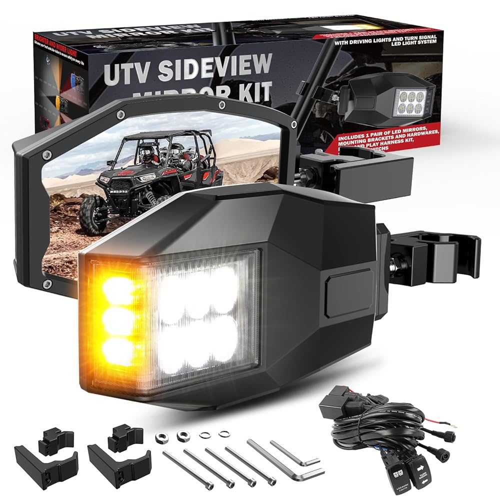 白色 LED ライト付き UTV サイドビューミラー アンバー方向指示器、チューブクランプ サイドバイサイド ATV Polaris RZR XP Can-Am X3