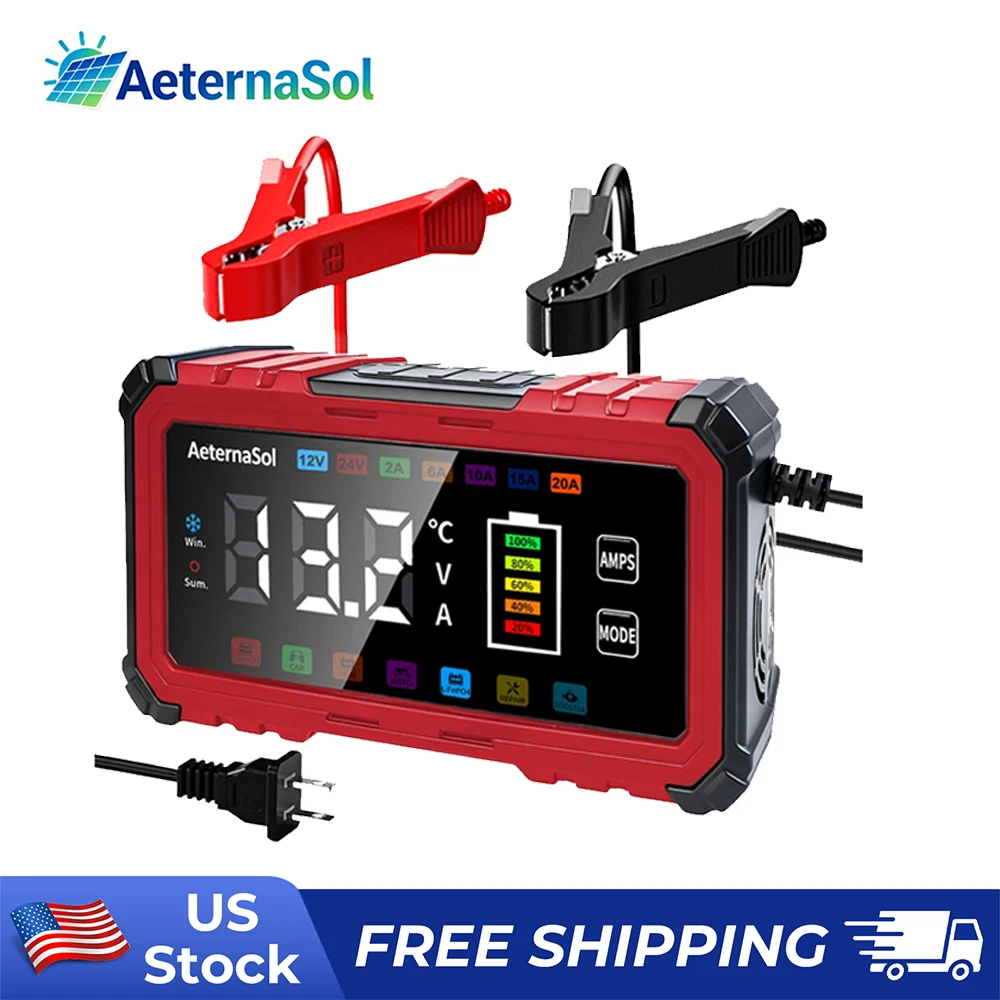 AeternaSol 12V 20A ヘビーデューティスマートトリクル充電器インテリジェントパルス修理脱硫酸器バッテリーメンテナー自動車マリン RV トラクター用鉛酸リチウム電池フルオートマルチステージ充電