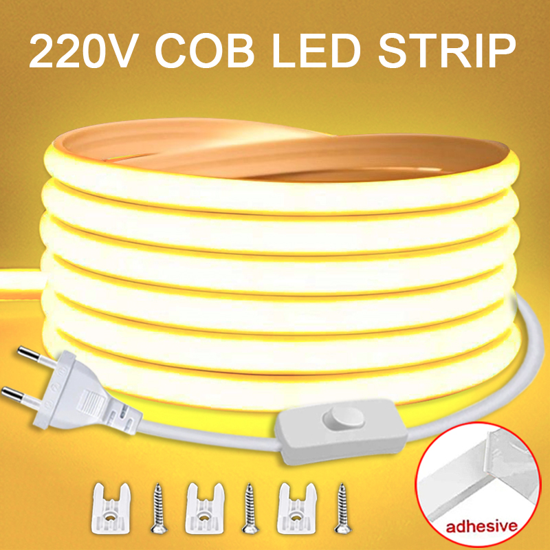 220V LED ストリップ オン/オフスイッチ付き 防水 COB LED ストリップ 220V 柔軟なリボン 部屋 寝室 キッチン 屋外 ガーデン照明用