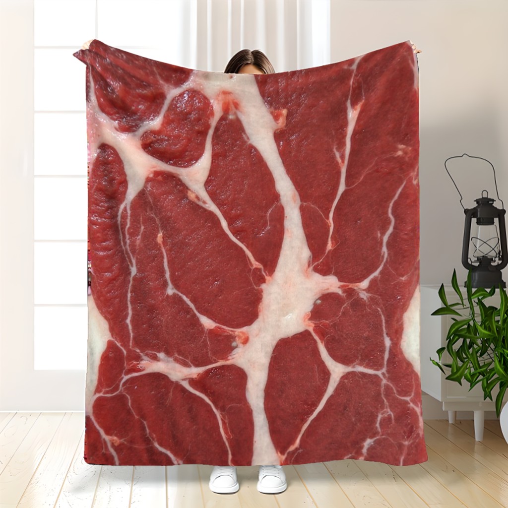 ステーキ肉ブランケット リアルな牛肉プリント フリーススロー キッチン装飾 ギフト 肉愛好家へのバーベキュー調理テーマ ホーム寝具 居心地の良い