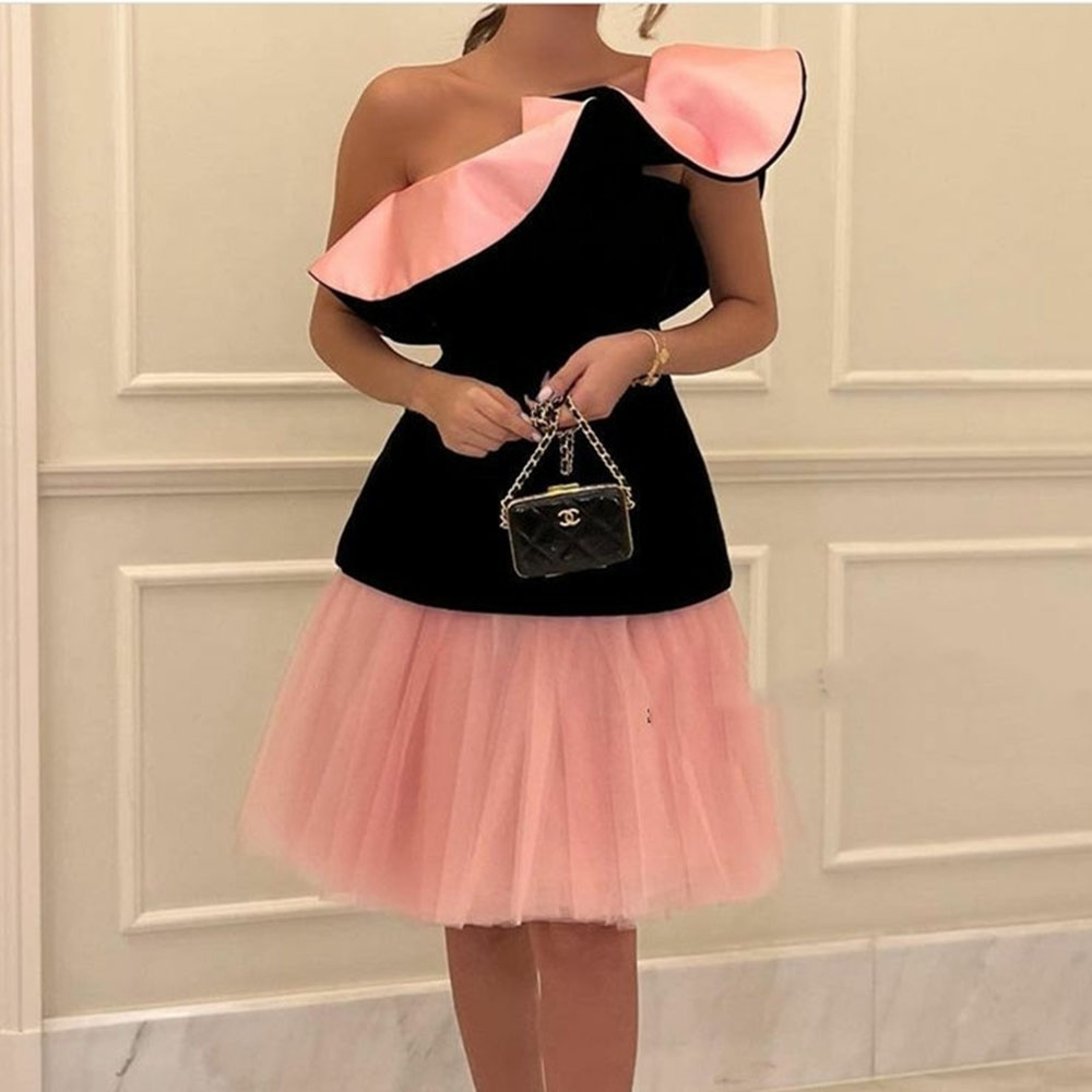 New for Women Evening Dress One Shoulder Knee Length Prom Party Gown Pleated Satin formal occasion dresses Tulle فساتين السهر