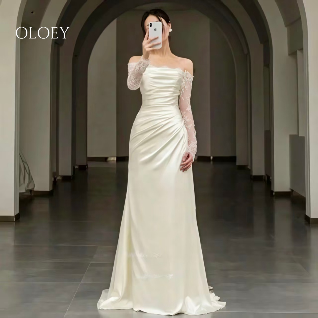 OLOEY シンプルなレースの韓国のウェディングドレス写真撮影ストラップレスプリーツフロアレングス 웨딩드레스 Vestidos Novias Boda ブライダルドレスカスタマイズ