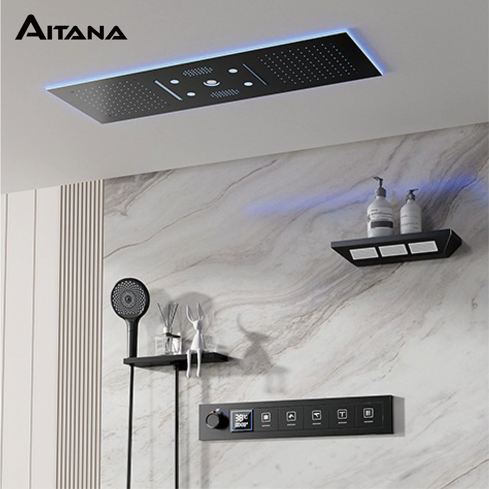 AITANA 高級真鍮ガンメタル LED ディスプレイサーモスタットシャワーシステム浴室天井埋め込み隠された巨大なカーテン降雨